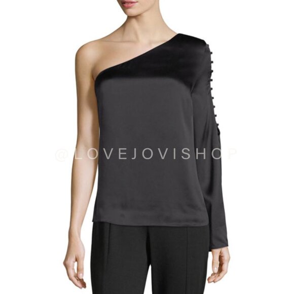 NYE Glam | Parker Black Silk One Shoulder Bell Sleeve Top | Elegant Party Flowy - Picture 2 of 16